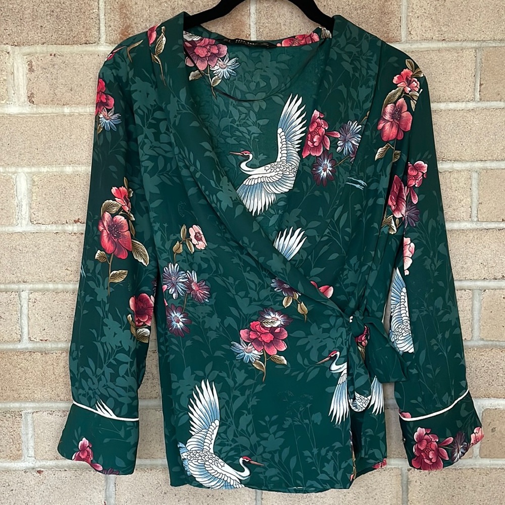 Zara Floral Swan Print Wrap-Front Blouse